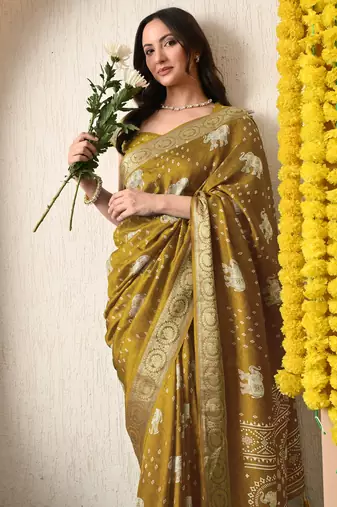 mustard block print cotton silk saree with unstitched blouse piece
