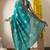 teal block print cotton silk saree with unstitched blouse piece
