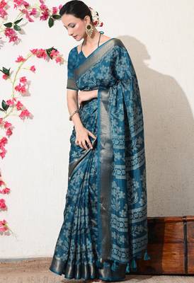 turquoise leaf print cotton silk saree with unstitched blouse piece 3
