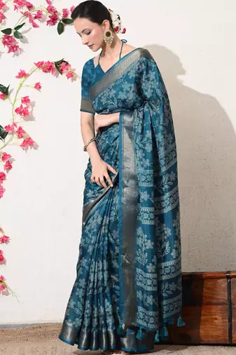 turquoise leaf print cotton silk saree with unstitched blouse piece