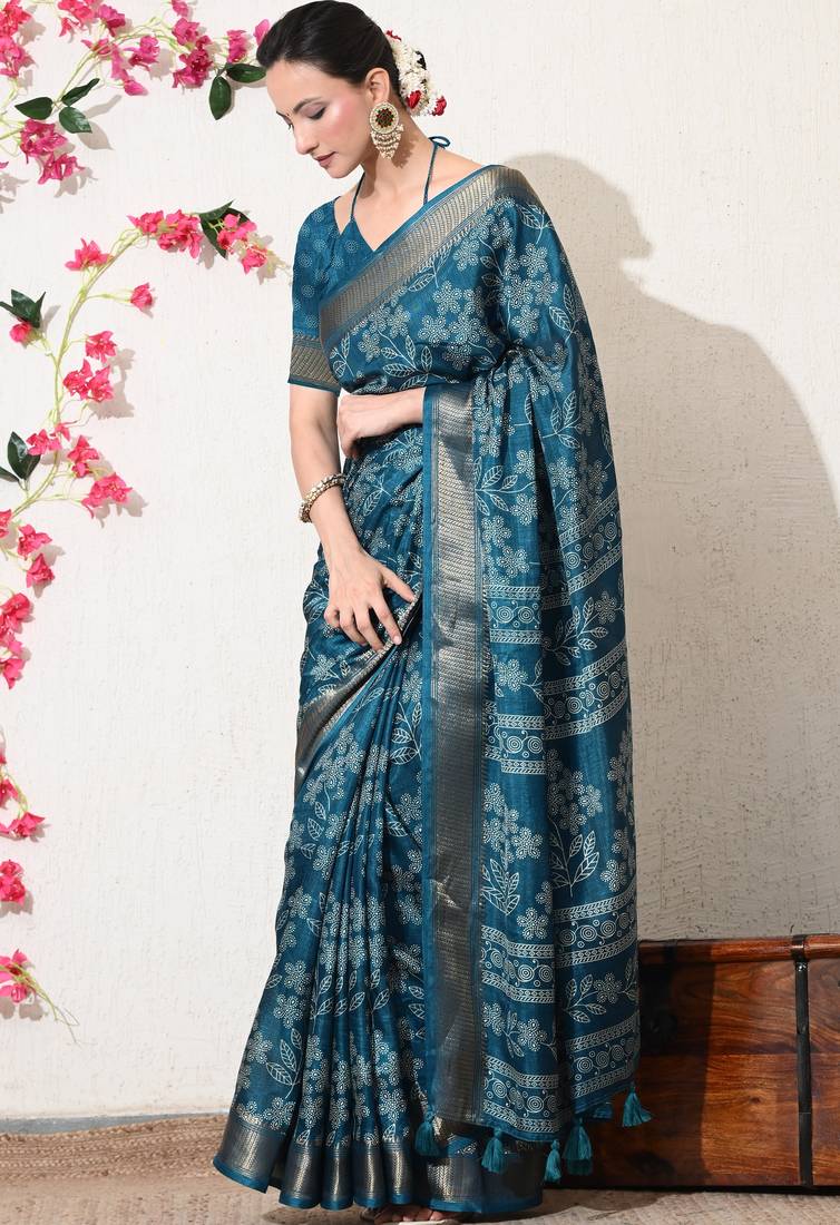 turquoise leaf print cotton silk saree with unstitched blouse piece