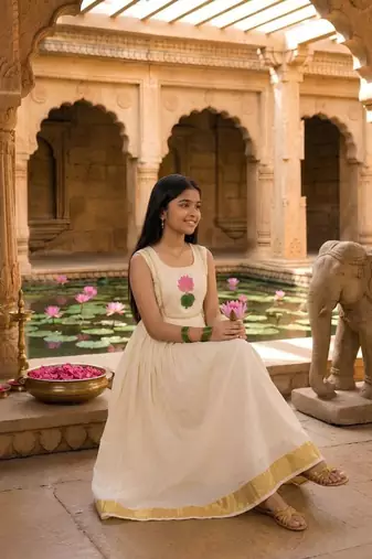 Kasavu a line gown with lotus applique work
