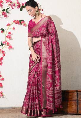 pink leaf print cotton silk saree with unstitched blouse piece 3