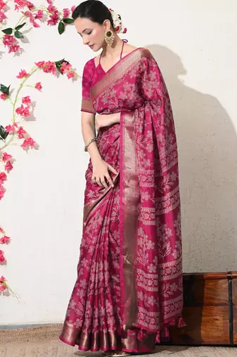 pink leaf print cotton silk saree with unstitched blouse piece
