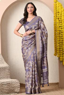 purple leaf print cotton silk saree with unstitched blouse piece 1