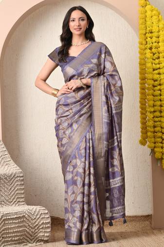 purple leaf print cotton silk saree with unstitched blouse piece