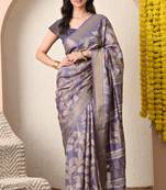 purple leaf print cotton silk saree with unstitched blouse piece