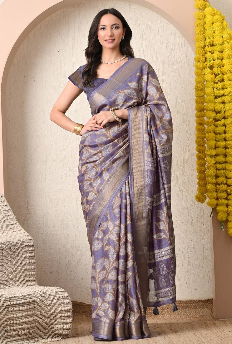 purple leaf print cotton silk saree with unstitched blouse piece