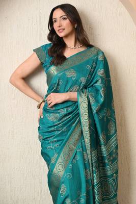 teal paisley print cotton silk saree with unstitched blouse piece 4