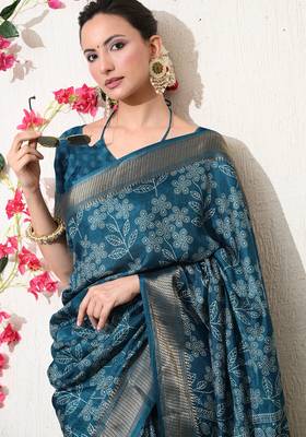 turquoise leaf print cotton silk saree with unstitched blouse piece 4
