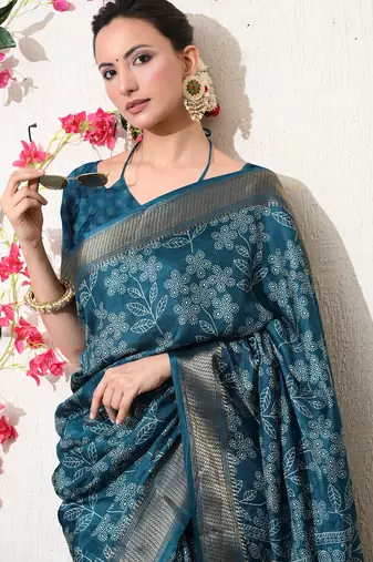turquoise leaf print cotton silk saree with unstitched blouse piece