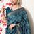 turquoise leaf print cotton silk saree with unstitched blouse piece