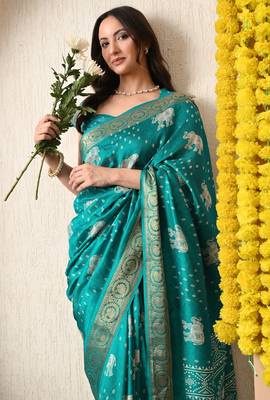 teal block print cotton silk saree with unstitched blouse piece 5