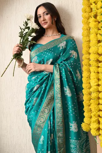 teal block print cotton silk saree with unstitched blouse piece