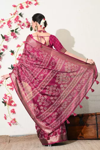 pink leaf print cotton silk saree with unstitched blouse piece