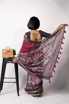 pink madhubani,ethnic printed viscose  saree with unstitched blouse piece 4