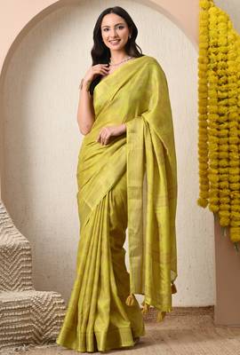 yellow leaf print cotton silk saree with unstitched blouse piece 1