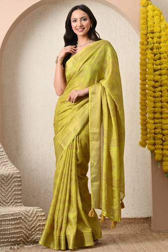 yellow leaf print cotton silk saree with unstitched blouse piece