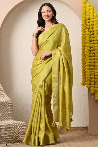 yellow leaf print cotton silk saree with unstitched blouse piece