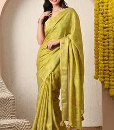 yellow leaf print cotton silk saree with unstitched blouse piece