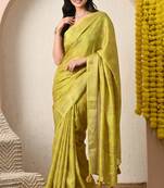 yellow leaf print cotton silk saree with unstitched blouse piece