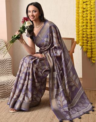 purple leaf print cotton silk saree with unstitched blouse piece 2