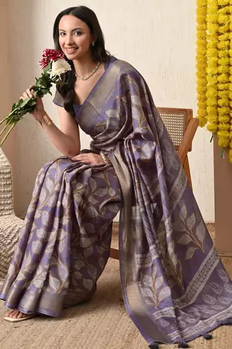 purple leaf print cotton silk saree with unstitched blouse piece