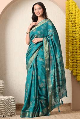 teal paisley print cotton silk saree with unstitched blouse piece 5