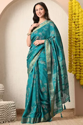 teal paisley print cotton silk saree with unstitched blouse piece