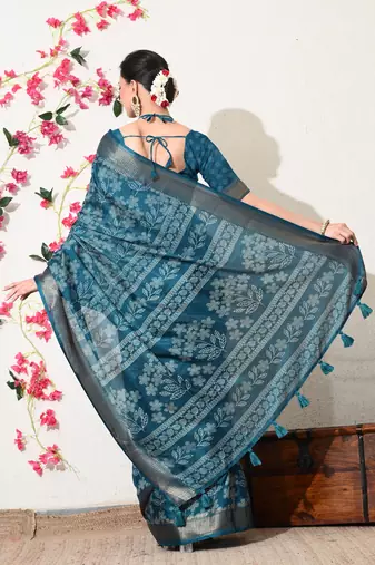 turquoise leaf print cotton silk saree with unstitched blouse piece