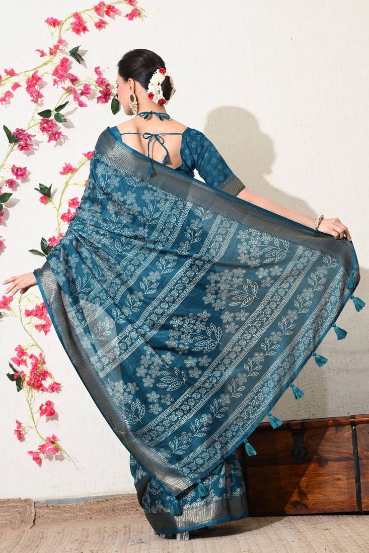 turquoise leaf print cotton silk saree with unstitched blouse piece