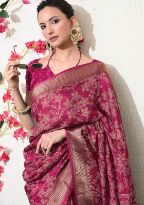 pink leaf print cotton silk saree with unstitched blouse piece 5