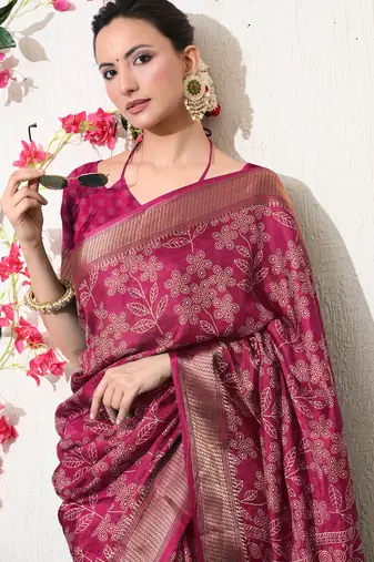 pink leaf print cotton silk saree with unstitched blouse piece