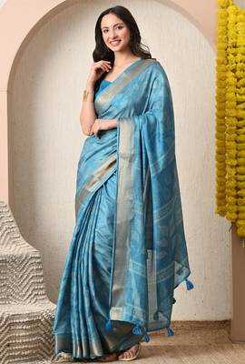 blue leaf print cotton silk saree with unstitched blouse piece 1