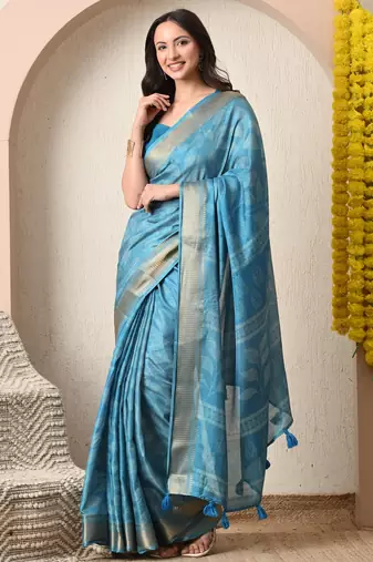 blue leaf print cotton silk saree with unstitched blouse piece