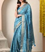 blue leaf print cotton silk saree with unstitched blouse piece