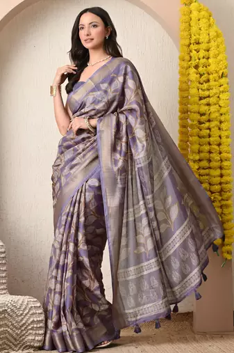 purple leaf print cotton silk saree with unstitched blouse piece