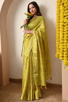 yellow leaf print cotton silk saree with unstitched blouse piece 2