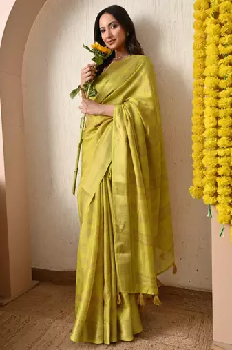 yellow leaf print cotton silk saree with unstitched blouse piece
