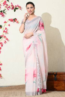 pastel pink floral printed cotton blend saree with unstitched blouse piece 1