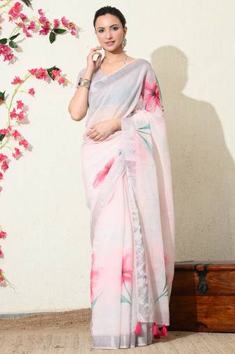 pastel pink floral printed cotton blend saree with unstitched blouse piece