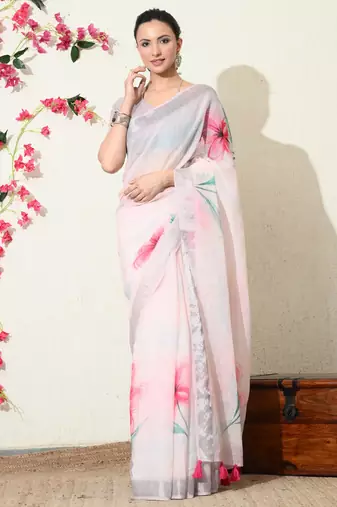pastel pink floral printed cotton blend saree with unstitched blouse piece