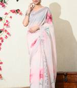 pastel pink floral printed cotton blend saree with unstitched blouse piece