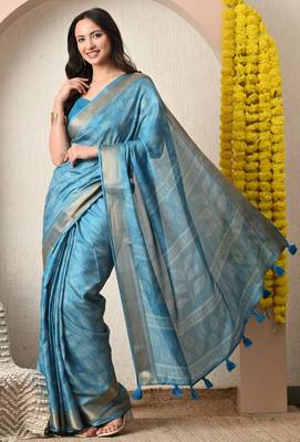 blue leaf print cotton silk saree with unstitched blouse piece 2