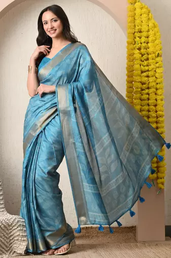 blue leaf print cotton silk saree with unstitched blouse piece
