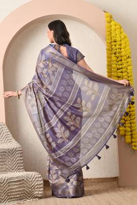 purple leaf print cotton silk saree with unstitched blouse piece 4