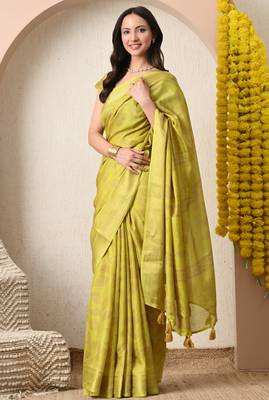 yellow leaf print cotton silk saree with unstitched blouse piece 3