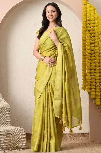 yellow leaf print cotton silk saree with unstitched blouse piece