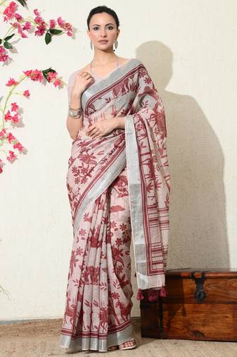 pink floral printed cotton blend saree with unstitched blouse piece