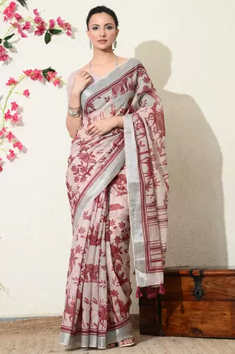 pink floral printed cotton blend saree with unstitched blouse piece